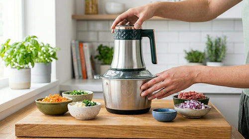 Person using a kitchen appliance on a wooden cutting board with ingredients in bowls.